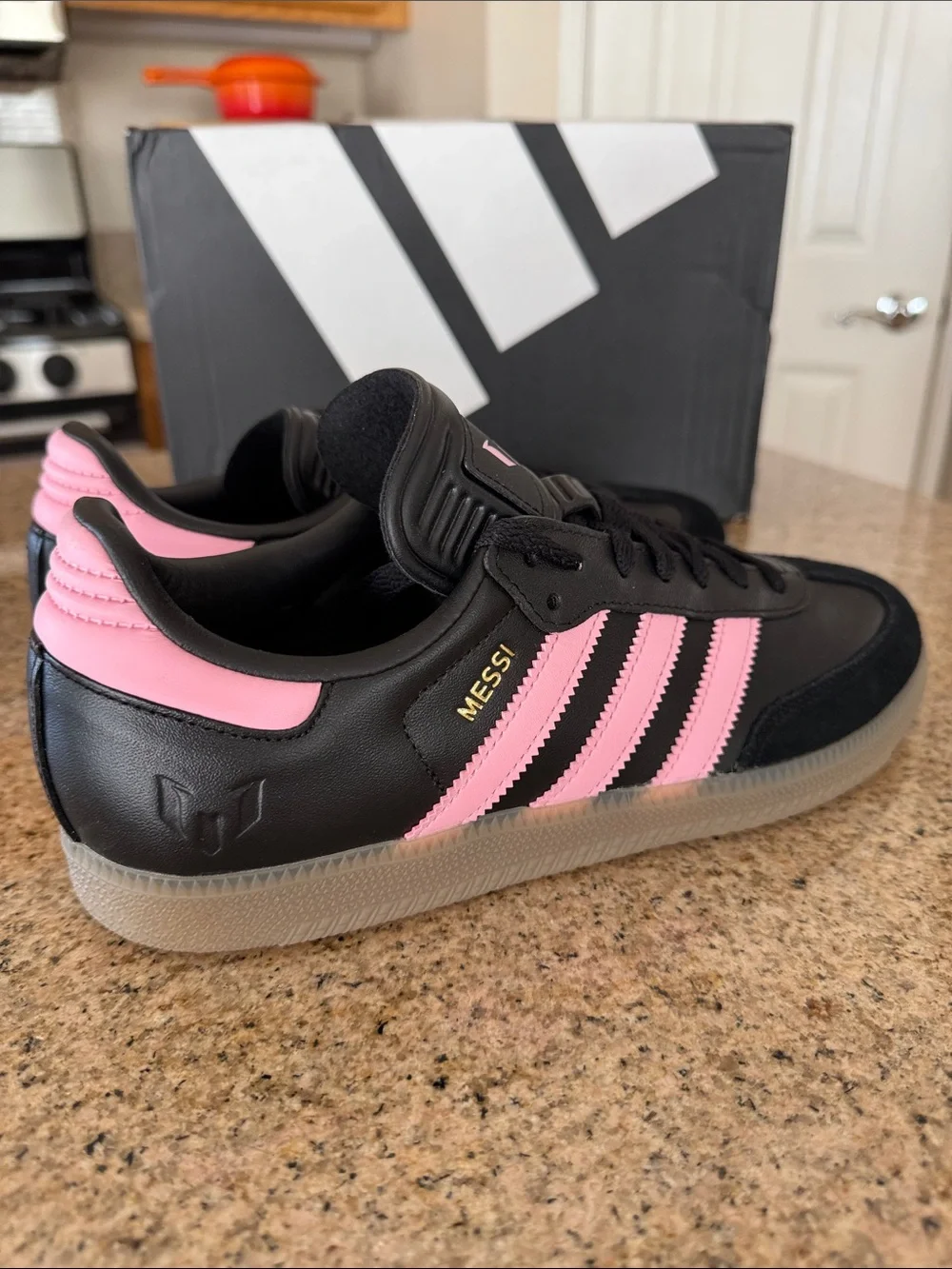 adidas Samba MESSI SOCCER Black with Pink Stripes and Gum Sole 8.5 men/9.5 women